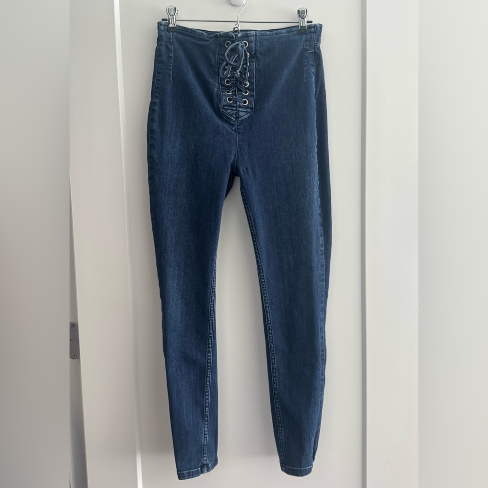 Free People Womens Skinny Jeans in Dark Indigo with Lace-Up Front